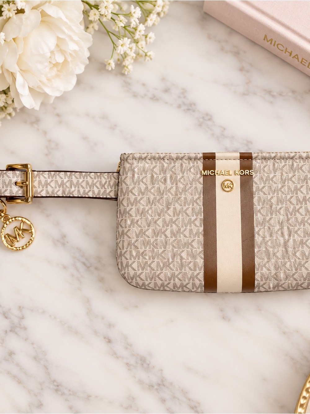 Michael Kors Vanilla MK Monogram Belt Bag Waist Bag Gold Charm NWOT